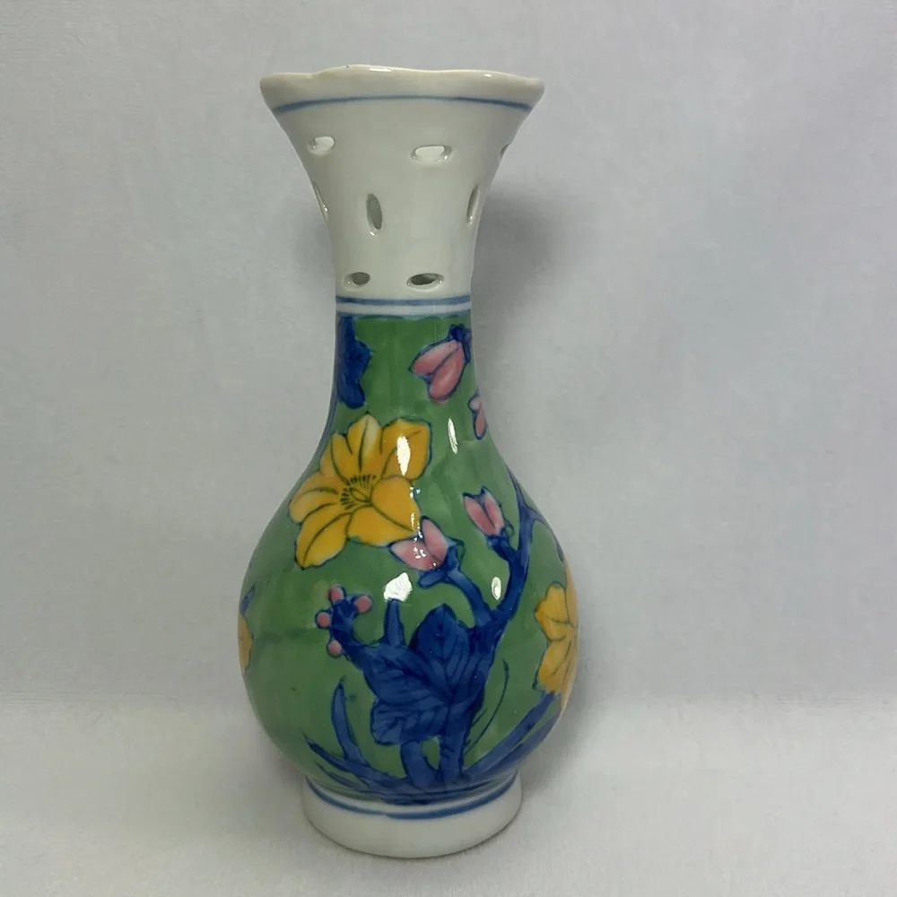 Vintage Chinese Pottery Hand Painted Floral Green Vase Pink Yellow Blue Flowers